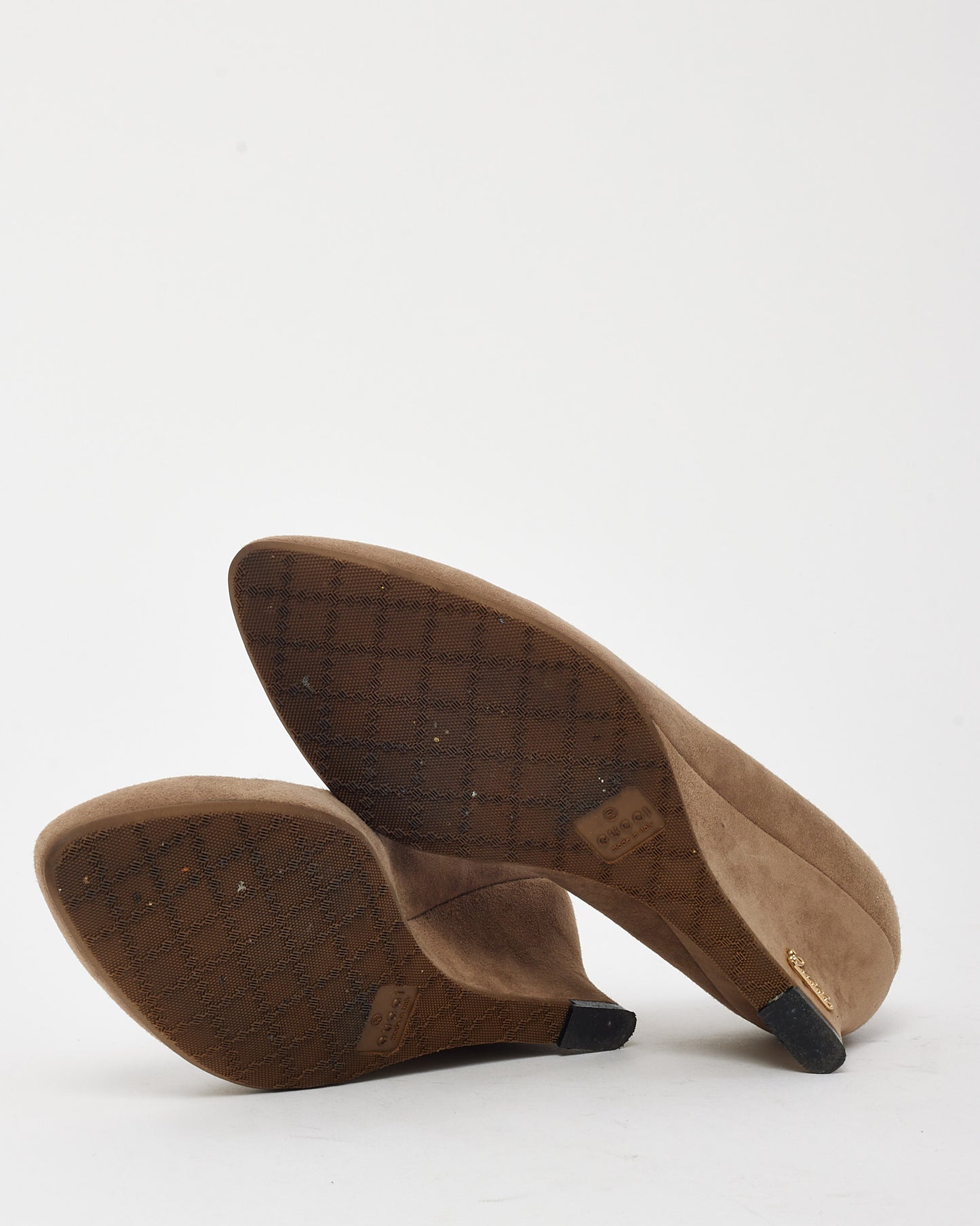 Gucci Light Brown Suede Leather Logo Wedge Pumps - 38