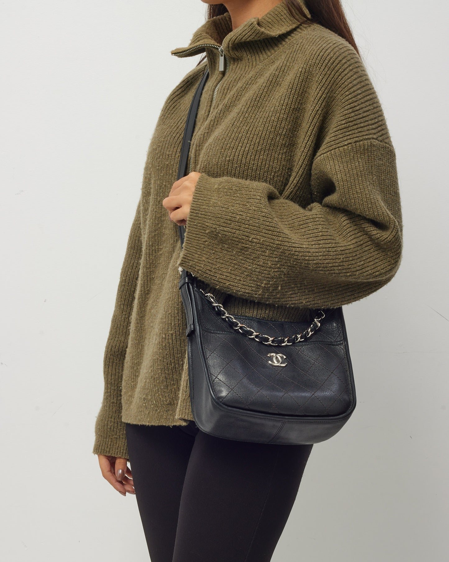 Chanel Black Calfskin Quilted Leather Small Jungle Stroll Hobo Chain Shoulder Bag SHW