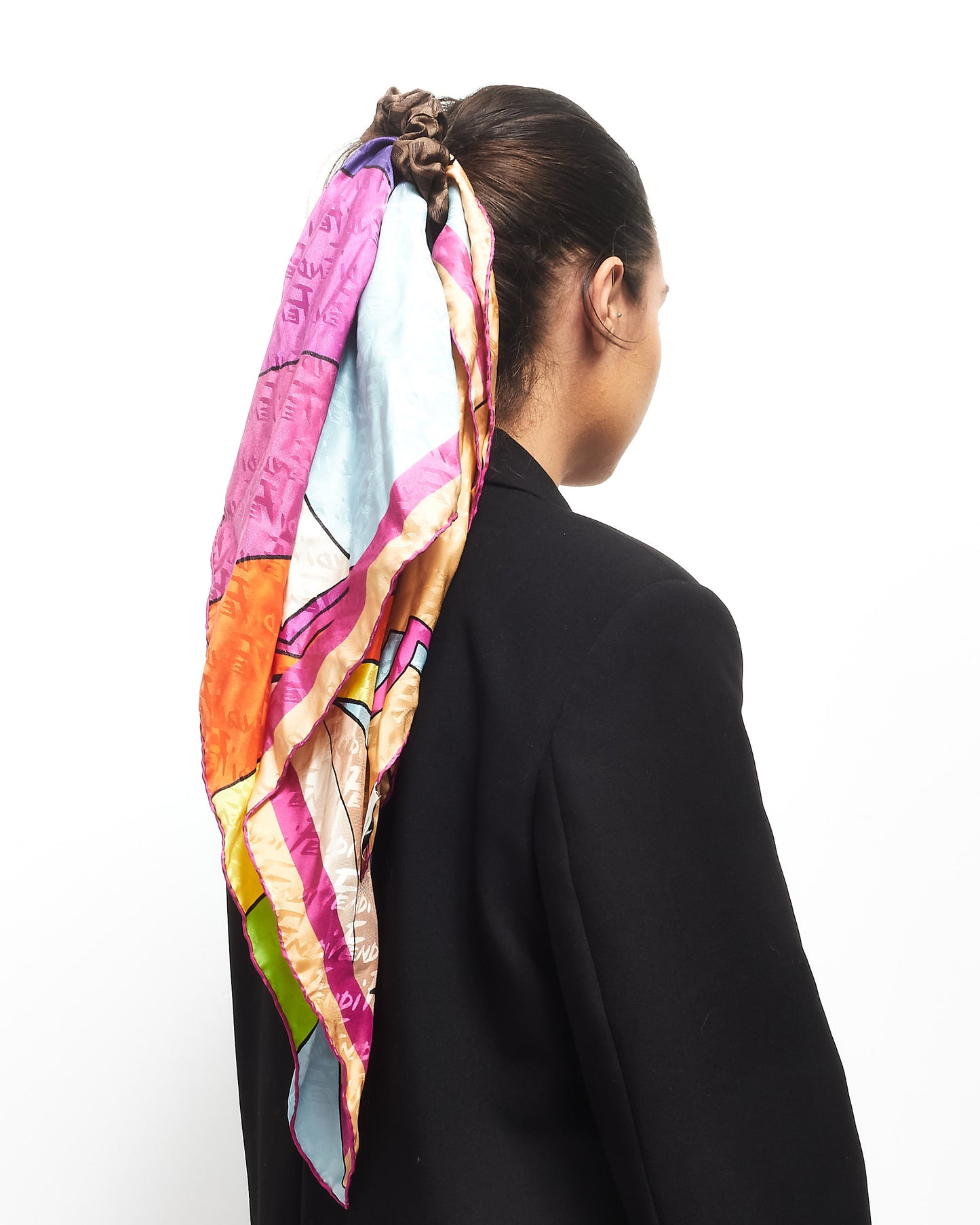 Fendi Brown Zucca & Multi Silk Scarf Scrunchie Hair Tie