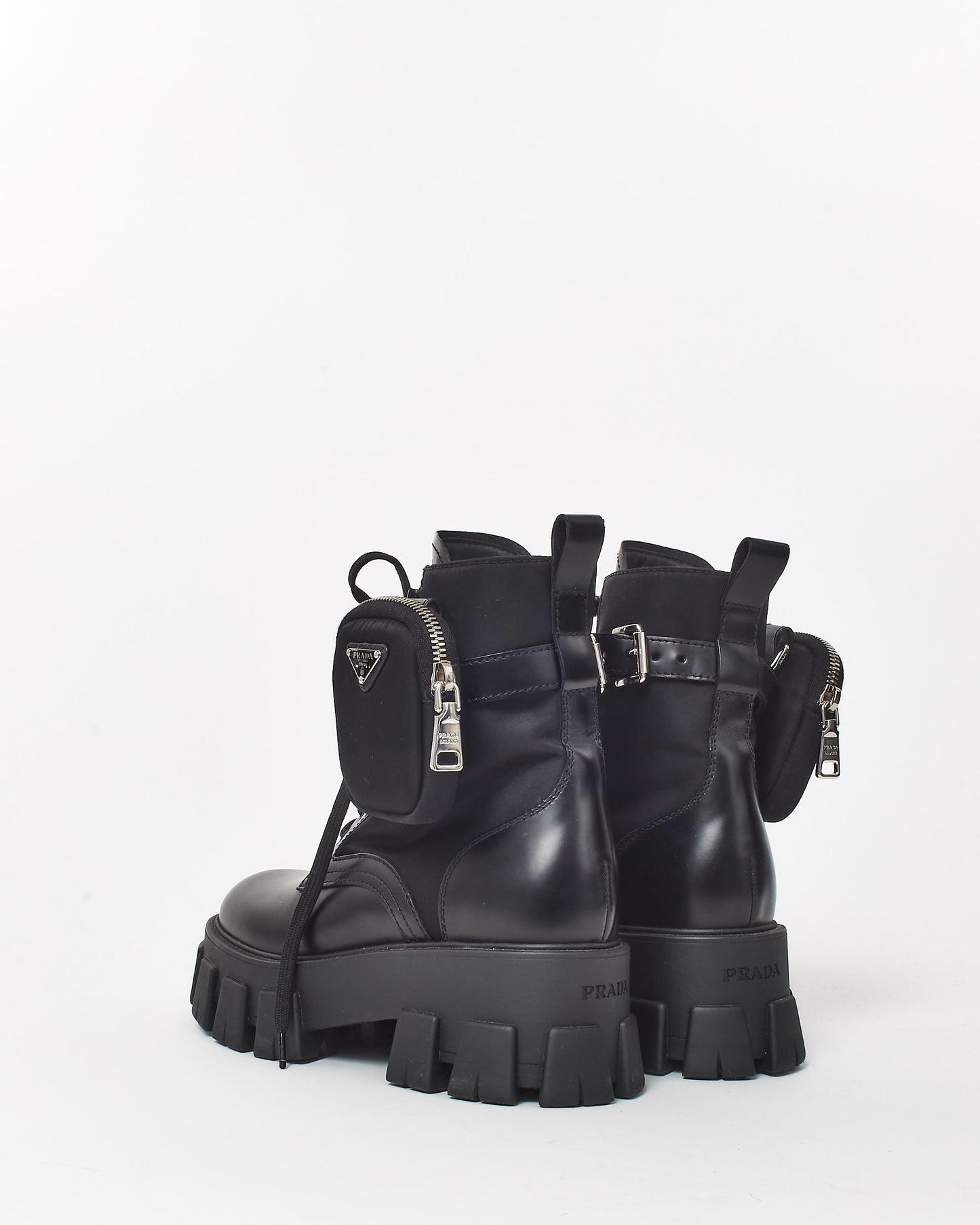 Prada Black Leather & Re Nylon Pouch Combat Boots - 38