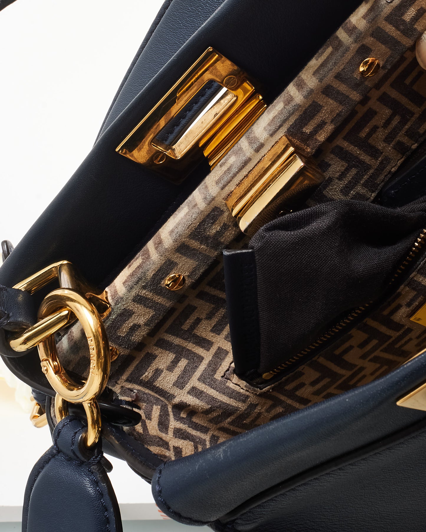 Fendi Dark Navy Leather & Zucchino Interior Mini Peekaboo Bag