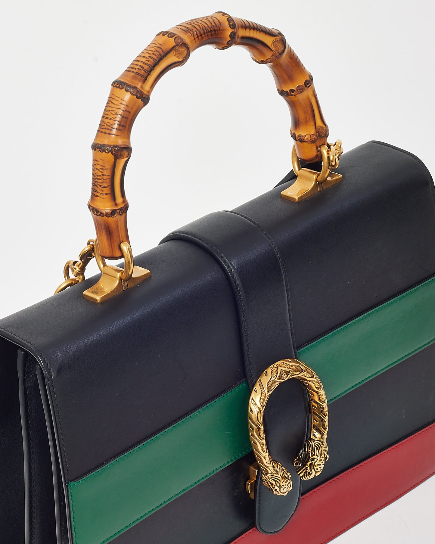 Gucci Black/Red/Green Web Calfskin Leather Large Dionysus Bamboo Top Handle Bag