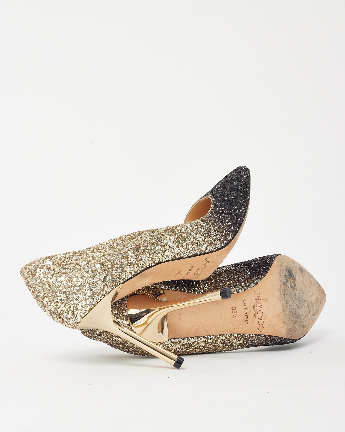 Jimmy Choo Black and Gold Glitter Ombre Fabric Romy 85 Pumps - 38.5