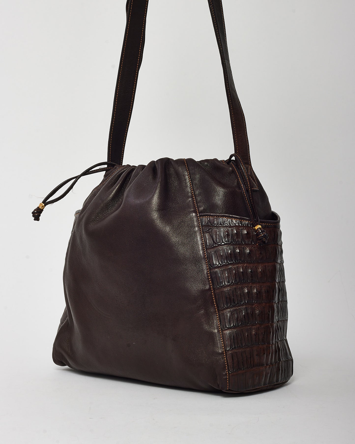 Gucci Vintage Brown Leather Large Drawstring Bucket Crossbody Bag