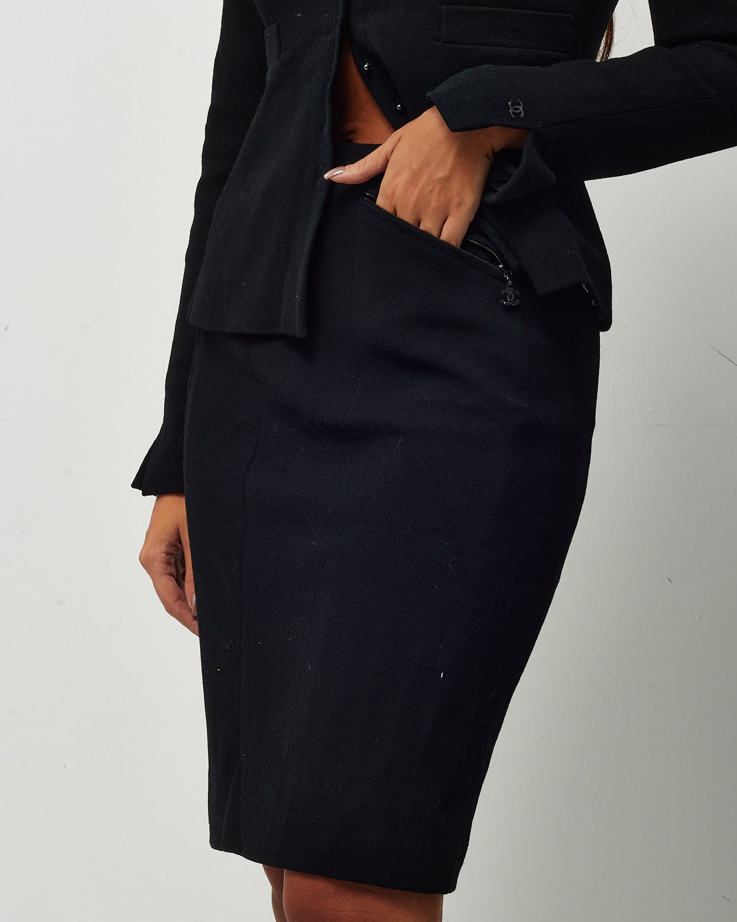 Chanel Black Wool Button Up Blazer and Skirt Set - 36 FR / US 4