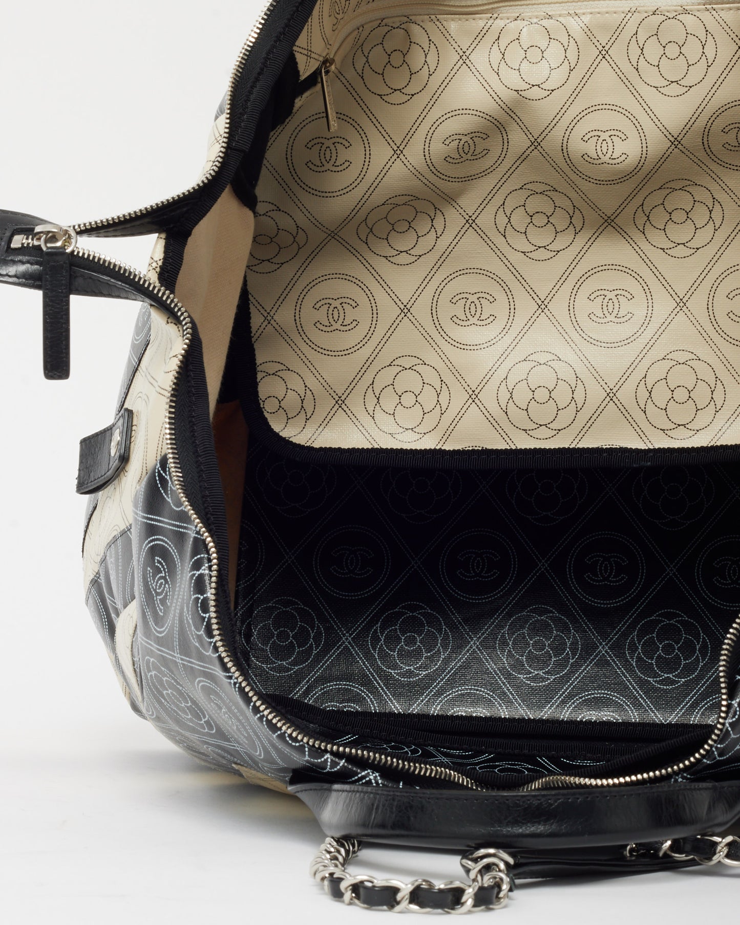 Chanel Black and White Cameillia Logo Coated Canvas Large Bowling Chain Duffle Bag