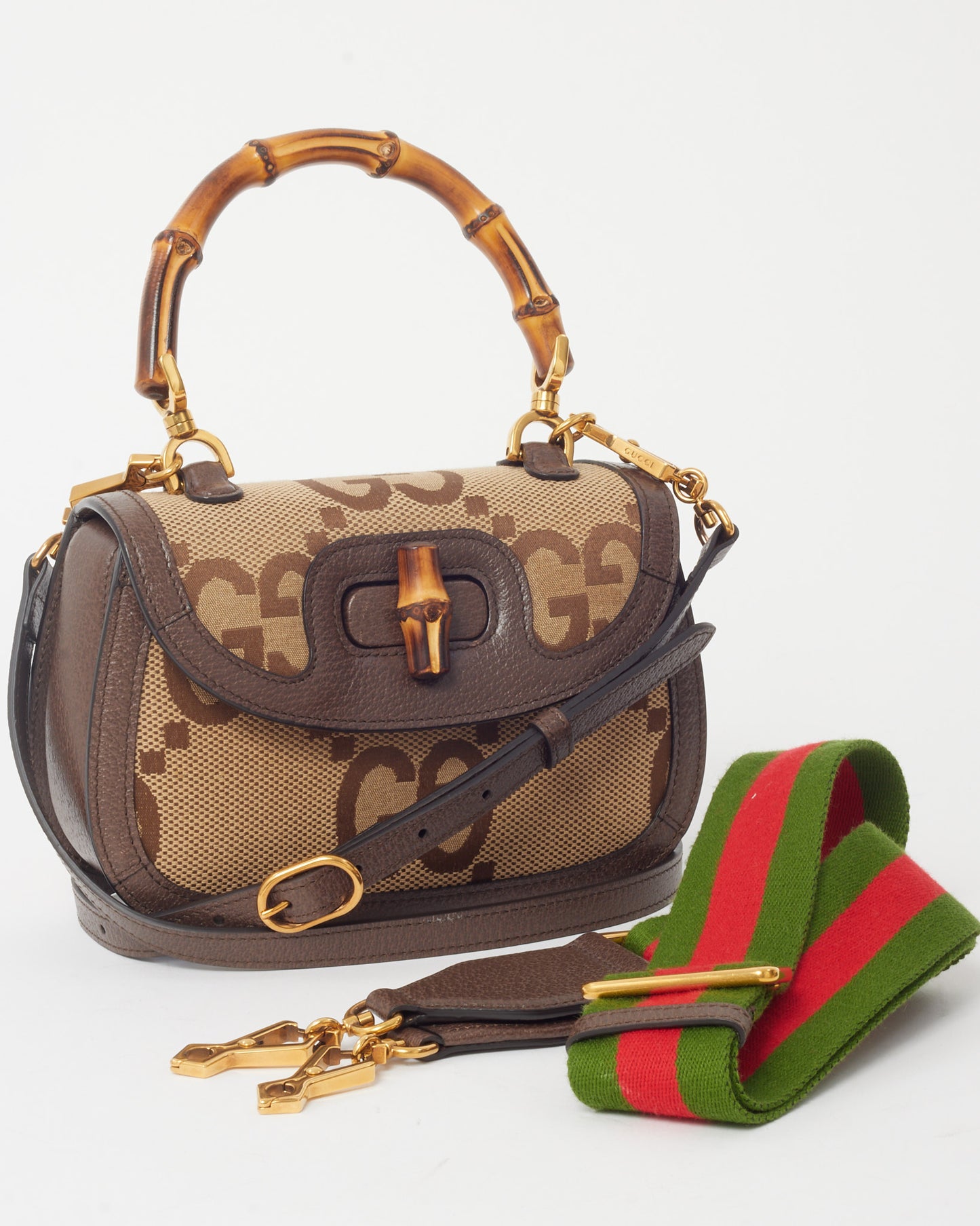 Gucci Beige Jumbo GG Canvas Mini Bamboo Top Handle Bag W/ Web Strap