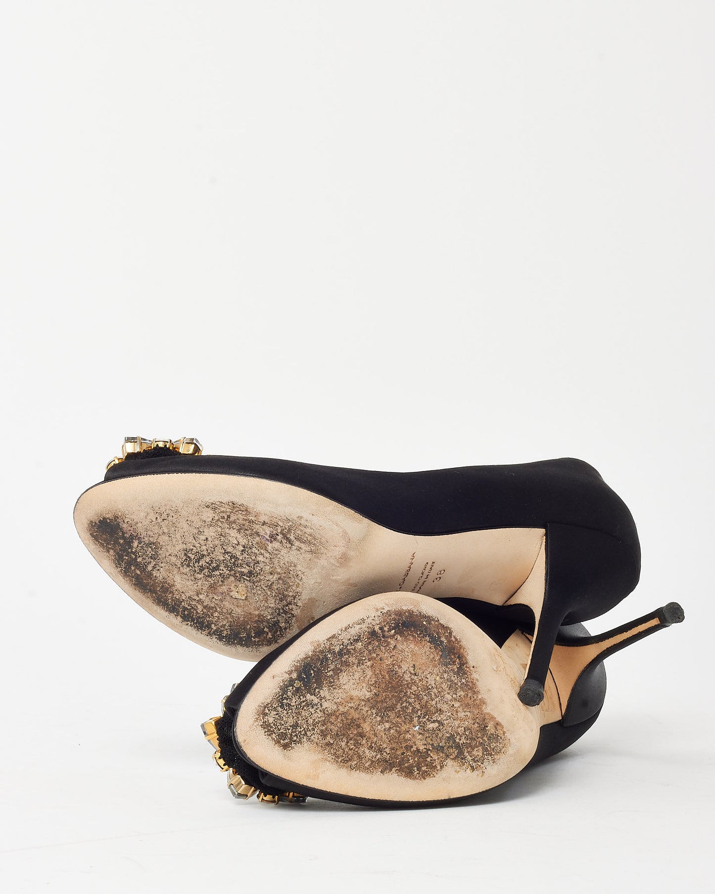 Dolce & Gabbana Black Satin Flower Crystal Embellished Peep Toe Pumps - 38