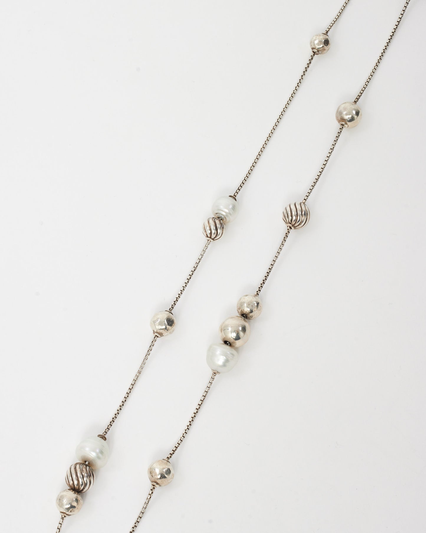 David Yurman Sterling Silver Geometric Ball and Pearl Station Strand Necklace