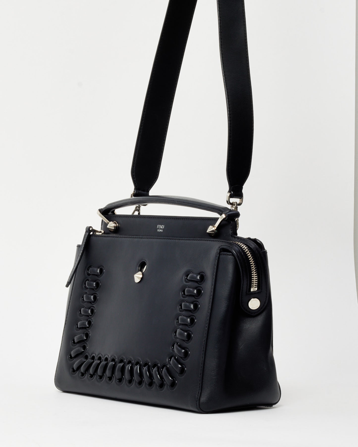 Fendi Black Vitello Baltico Dolce Shiny Nappa Lace Up DotCom Satchel Bag with Strap