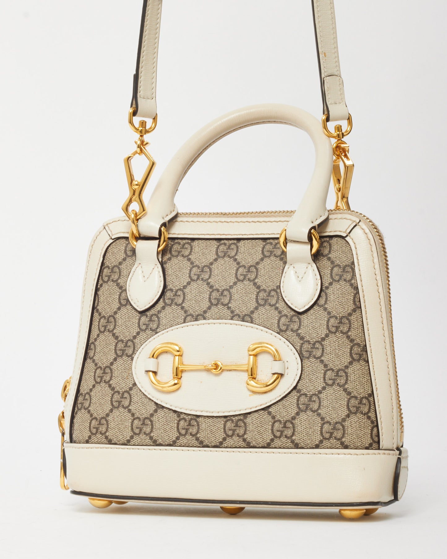 Gucci White and Beige GG Supreme Coated Canvas Mini Horsebit 1955 Top Handle Bag with Strap