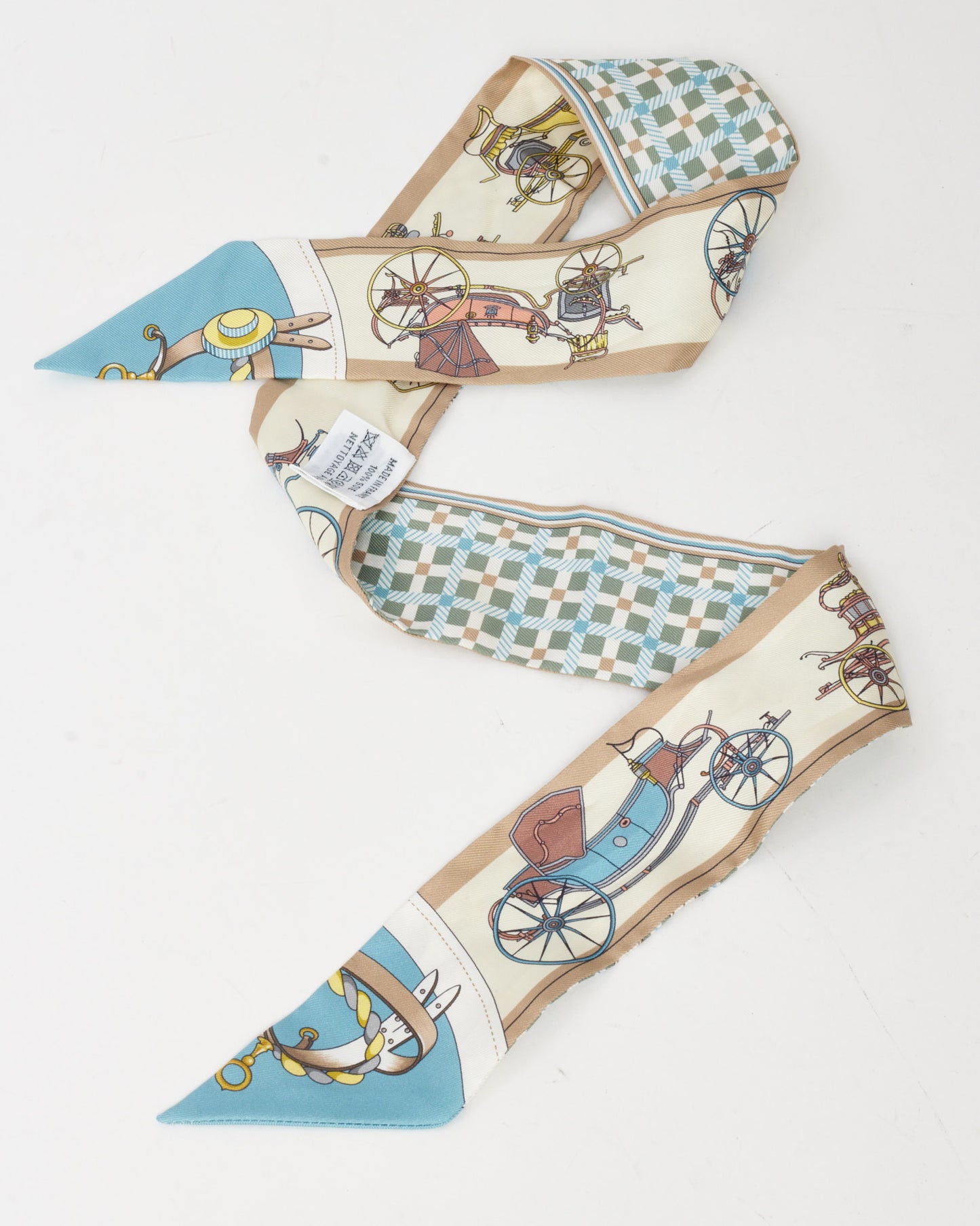 Hermès Beige/Bleu/Multi "Les Voitures Nouvelle" Twilly Scarf