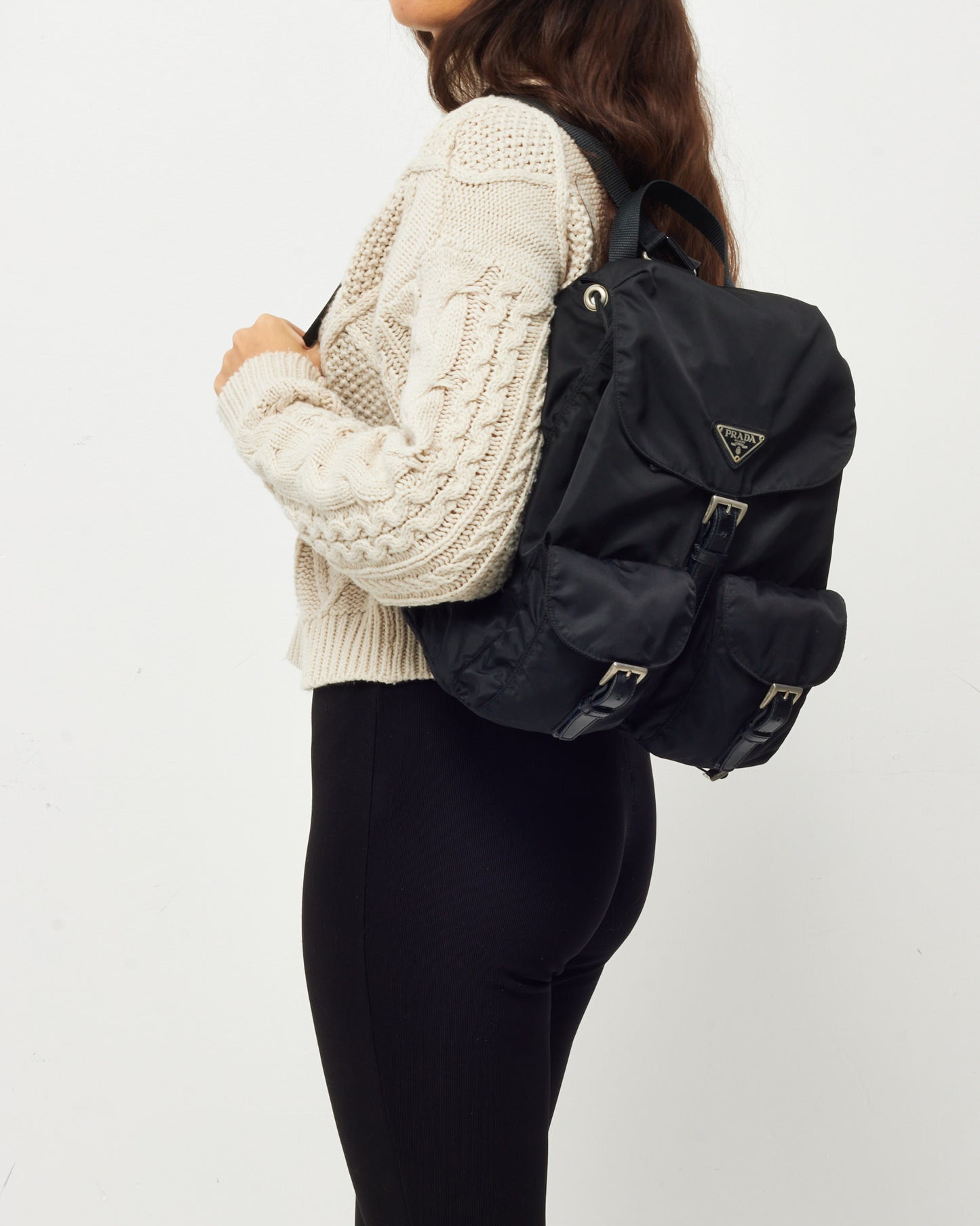 Prada Black Tessuto Nylon Vela Small Double Pocket Drawstring Backpack