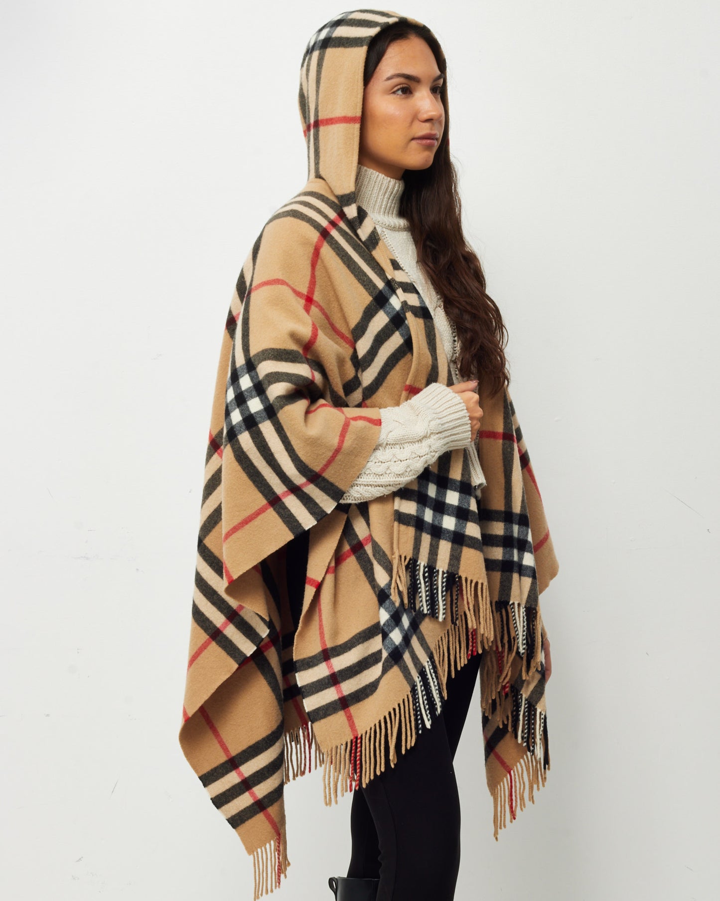 Burberry Beige Check Wool Fringe Hooded Cape Poncho Wrap Shawl - OS