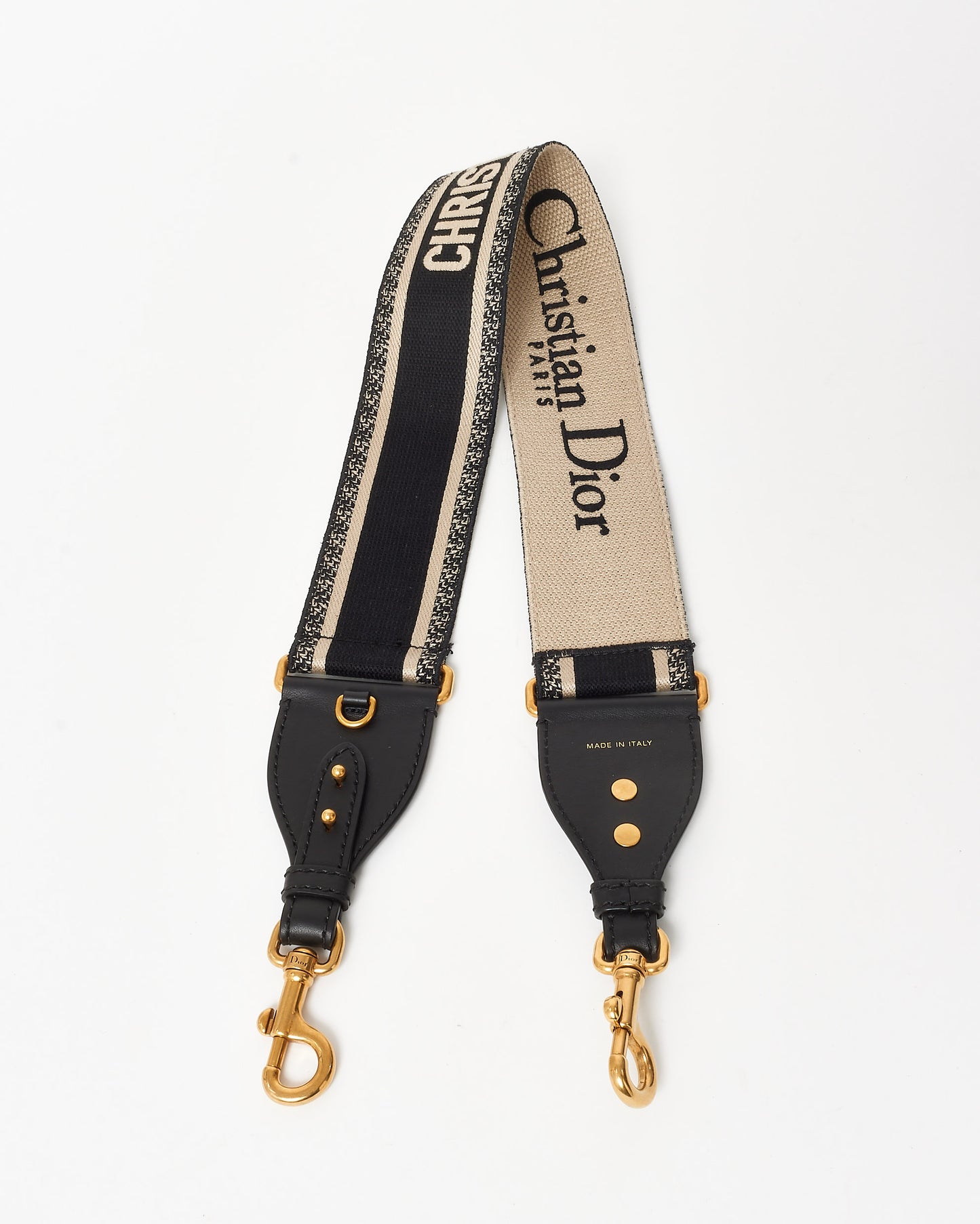 Dior Black Grained Leather Saddle Bag W/ Black & White Embroidered Guitar Strap