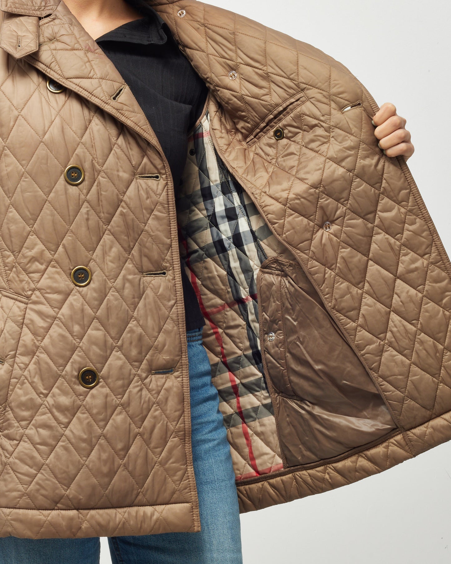 Burberry Beige Nylon Padded Quilted Belted Jacket - US 10