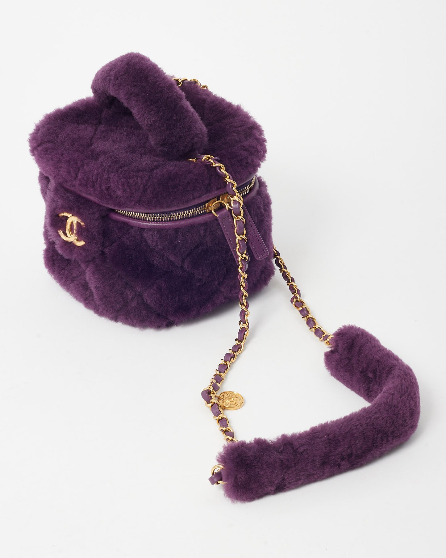 Chanel Purple Shearling Small Coconing Top Handle Vanity Case with Chain GHW