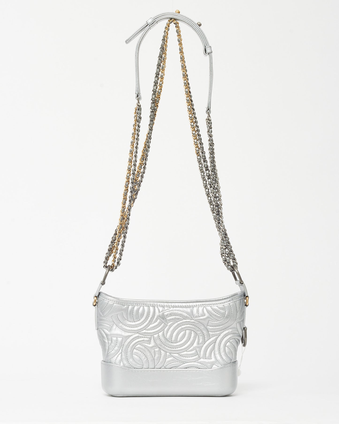 Chanel Silver CC Logo Embossed Leather Small Gabrielle Hobo Crossbody Bag
