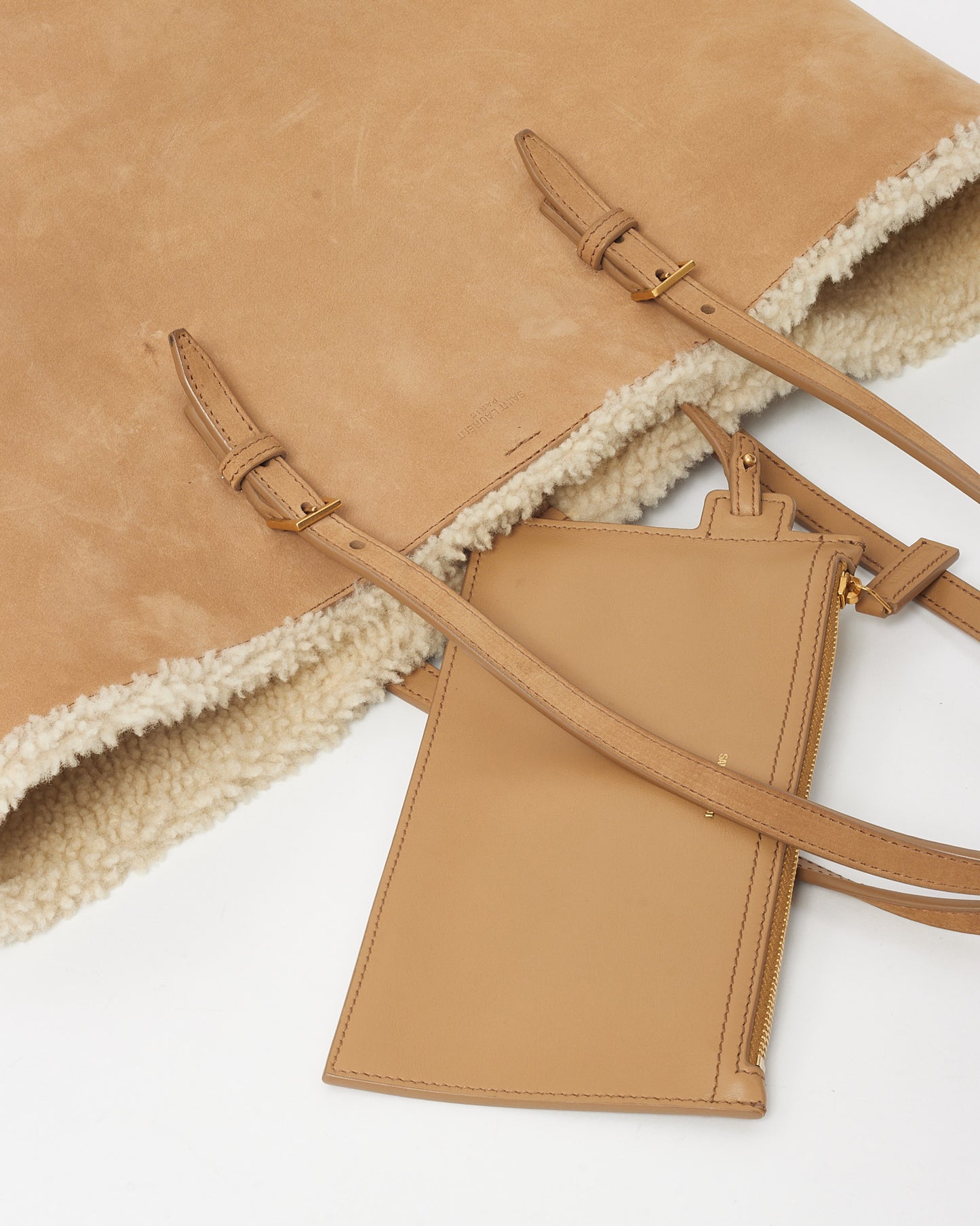 Saint Laurent Beige Suede and Shearling E/W Shopping Tote