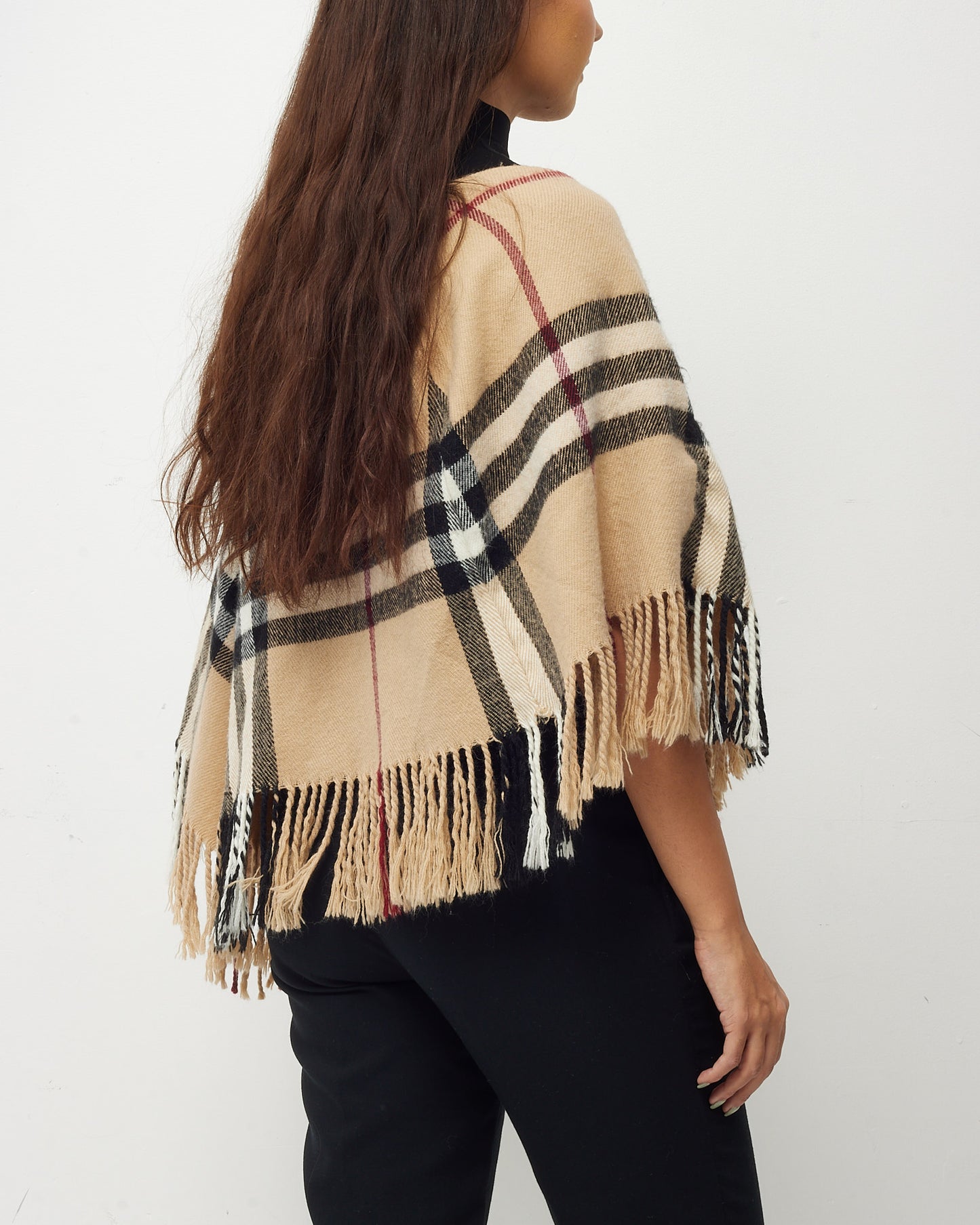 Burberry Beige Nova Check Wool Fringe Hooded Short Poncho Scarf - OS