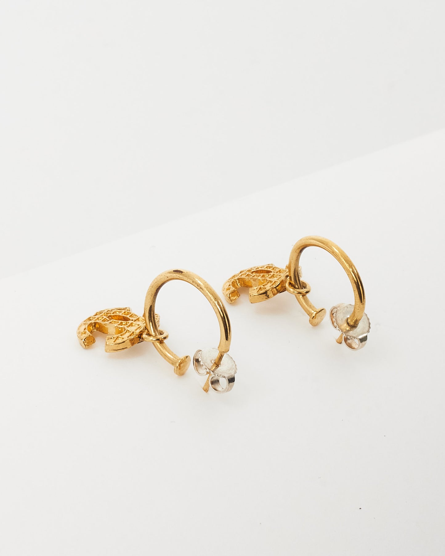 Chanel Gold Texture Metal Dangle Coco Mark CC Logo Hoop Earrings