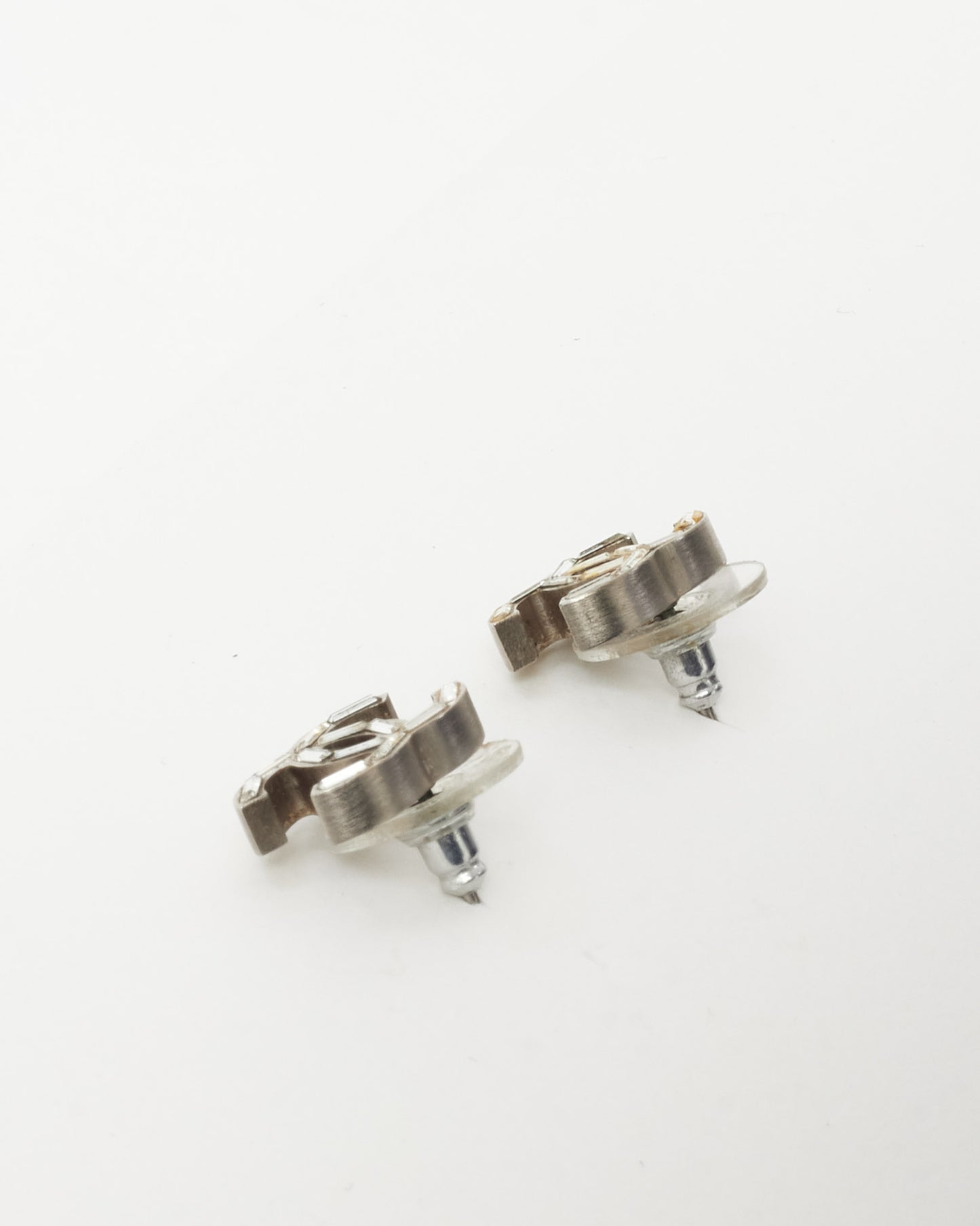 Chanel Silver Crystal Baguette CC Logo Stud Earrings (missing crystals)