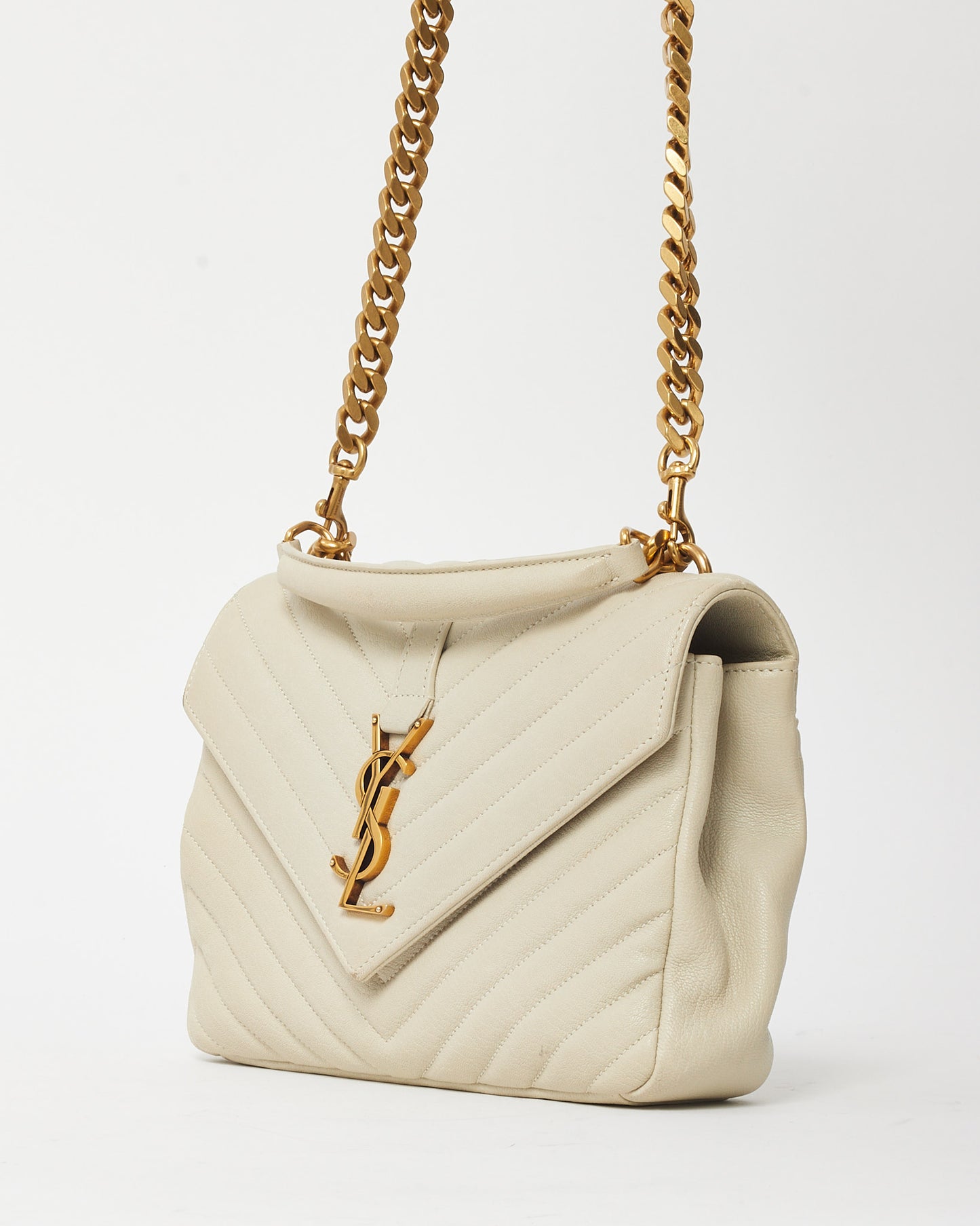 Saint Laurent Off-White Quilted Chevron Leather Medium College Bag GHW