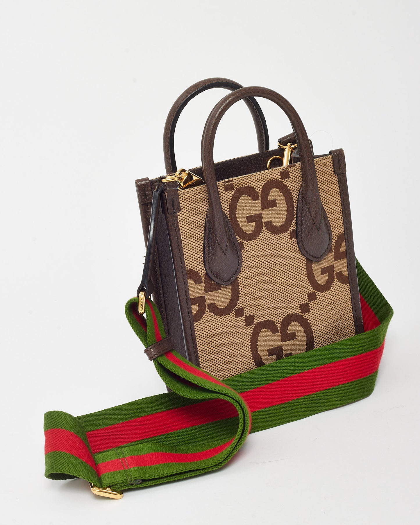 Gucci Beige and Brown Jumbo GG Monogram Canvas Mini 2Way Tote with Web Strap