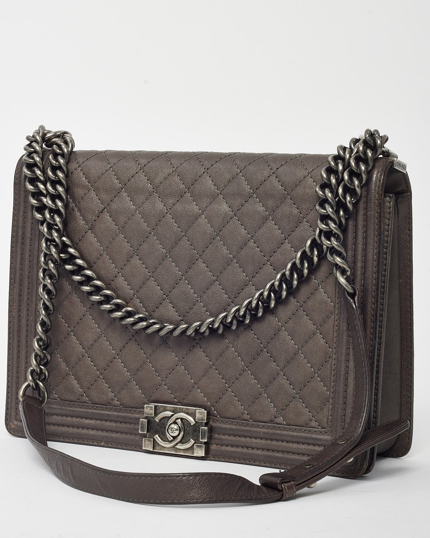 Chanel Grey Aged Quilted Calfskin Leather XL Boy Bag SHW