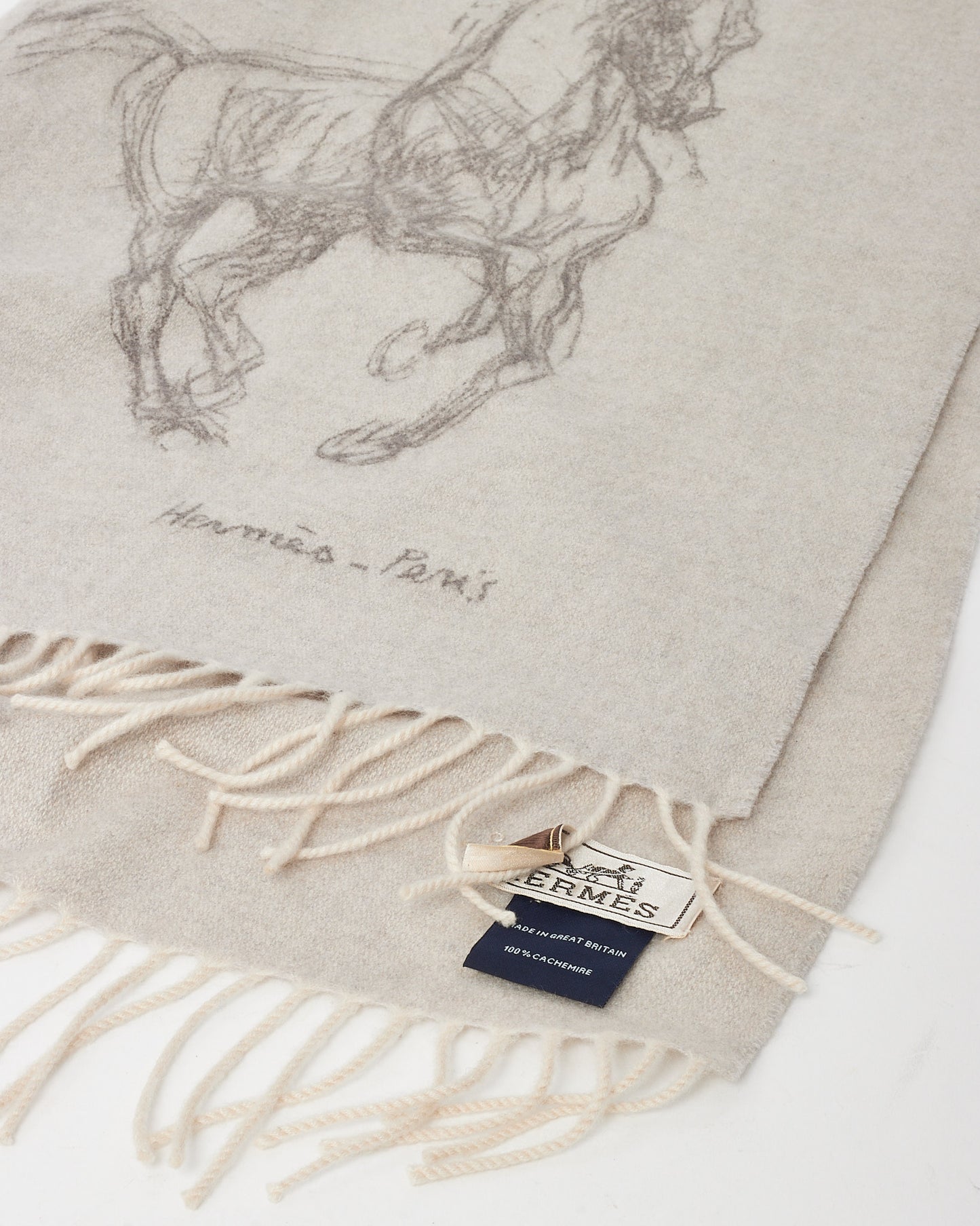 Hermès Cream and Grey Cashmere Horse Pirouette au Galop Muffler Scarf