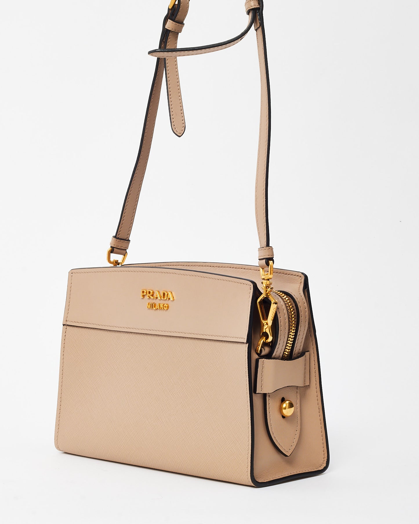 Prada Beige Cipria Saffiano and City Calf Leather Logo Bandoliera Crossbody Bag
