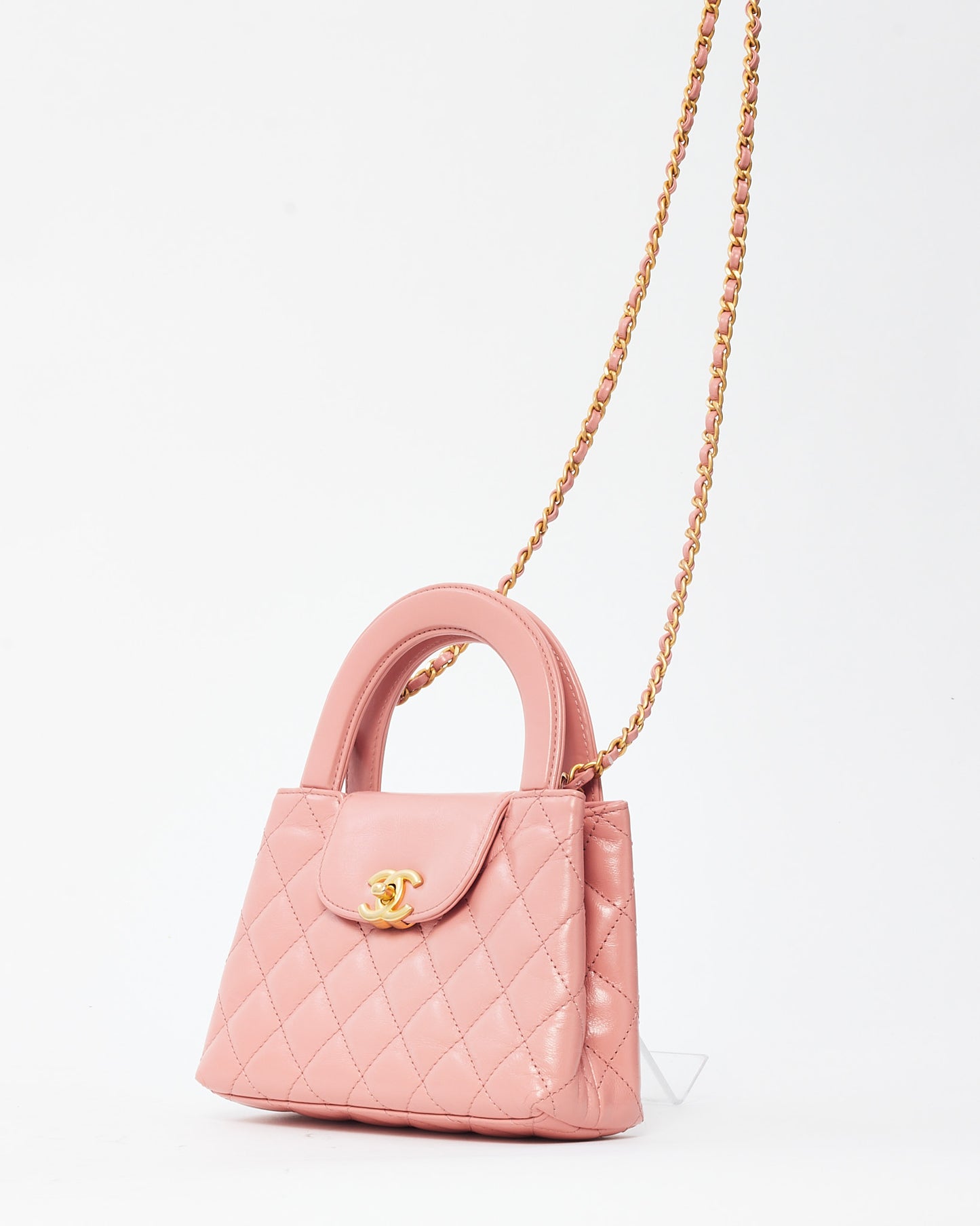 Chanel Coral Pink Shiny Aged Quilted Calfskin Leather Nano Kelly Shopper Crossbody GHW