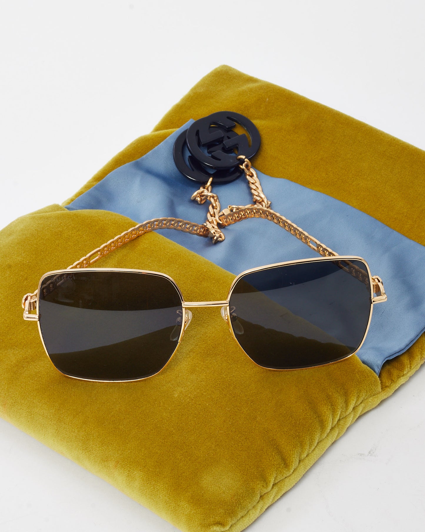 Gucci Gold Metal Oversize Square GG0724S Sunglasses with Chain GG Logo Charms