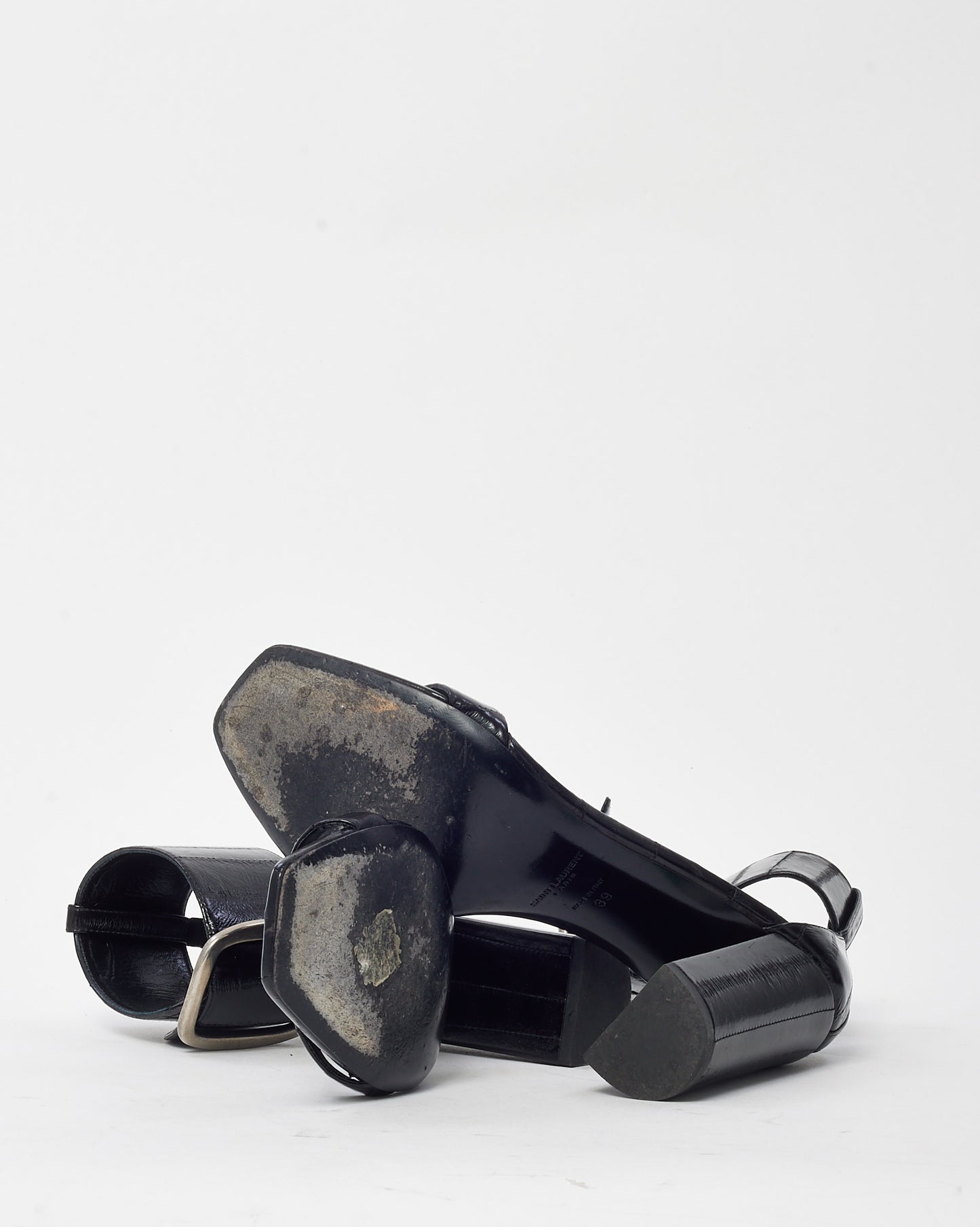 Saint Laurent Black Croc Embossed Leather Lou Lou 105 Buckle Sandals - 39