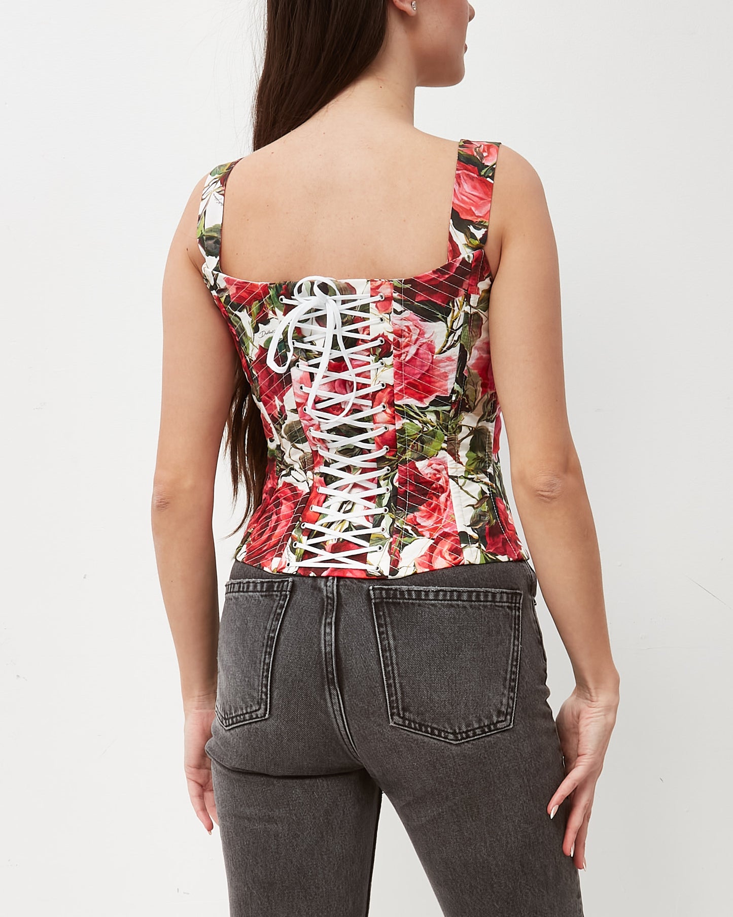 Dolce & Gabbana Red and White Floral Print Lace-Up Corset Top - 40 IT / US 4