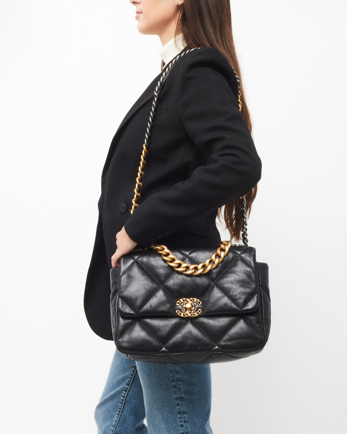 Chanel Black Quilted Shiny Lambskin Leather Large Chanel 19 Bag