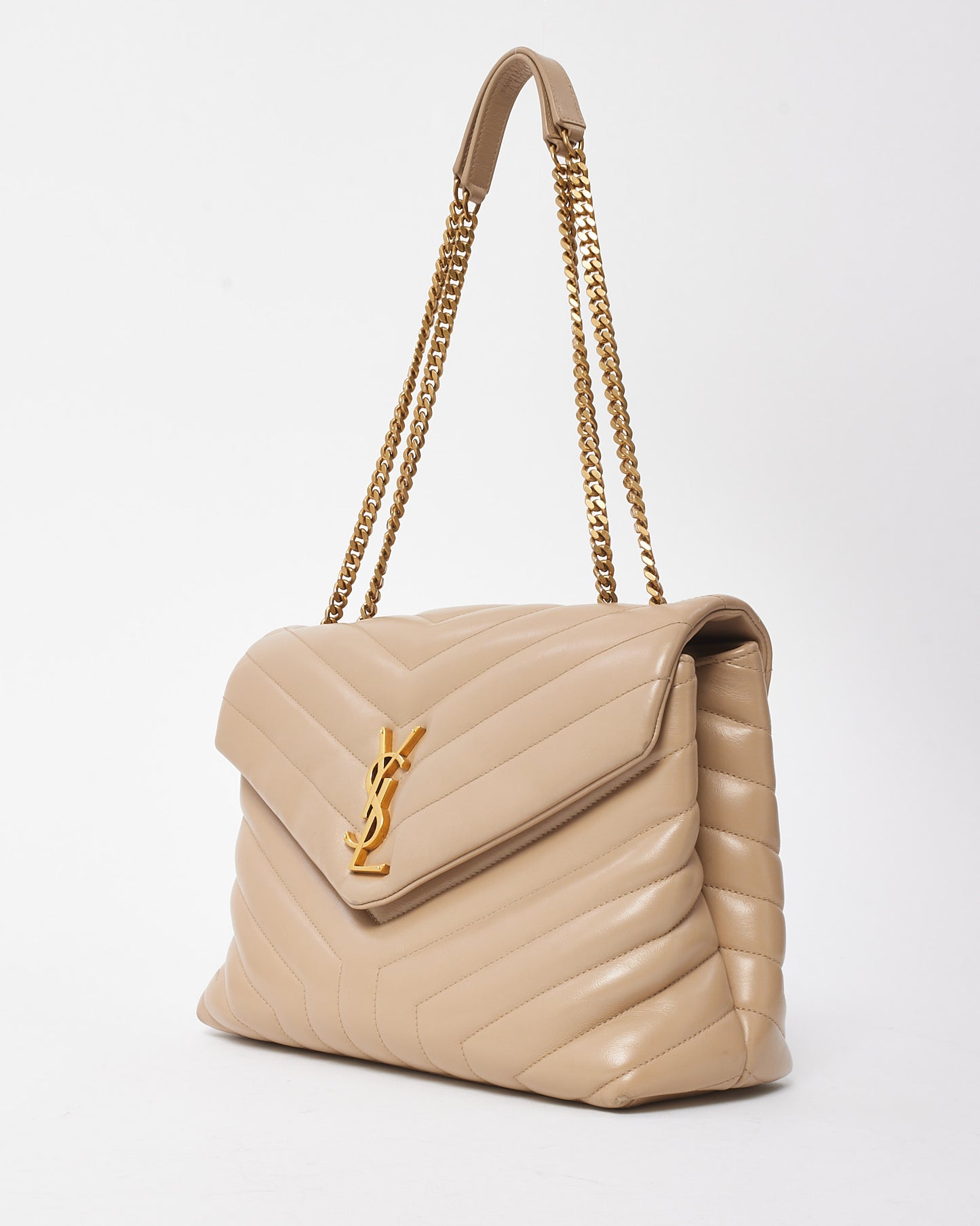 Saint Laurent Beige Chevron Leather Medium Loulou Shoulder Bag GHW