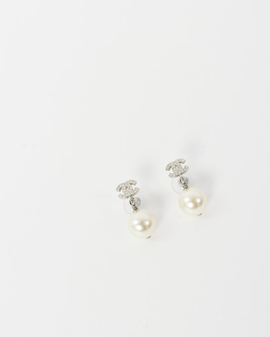 Chanel Silver Pavé Logo Pearl Dangle Earrings