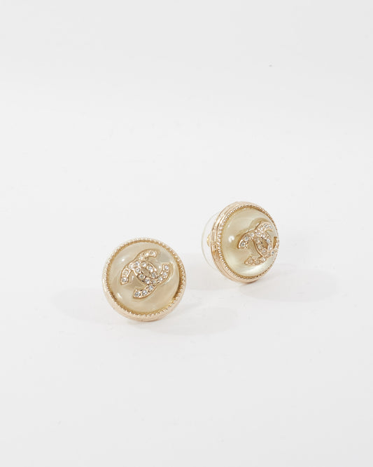 Chanel Gold & White Ceramic Enamel Logo Earrings