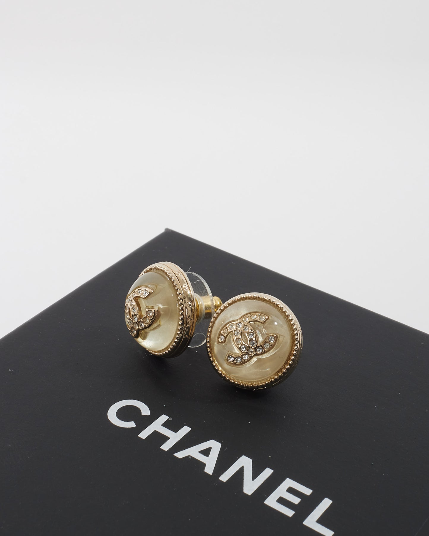 Chanel Gold & White Ceramic Enamel Logo Earrings