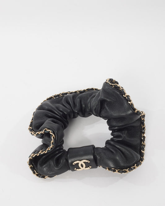 Chanel Black Leather & Chain CC Scrunchie