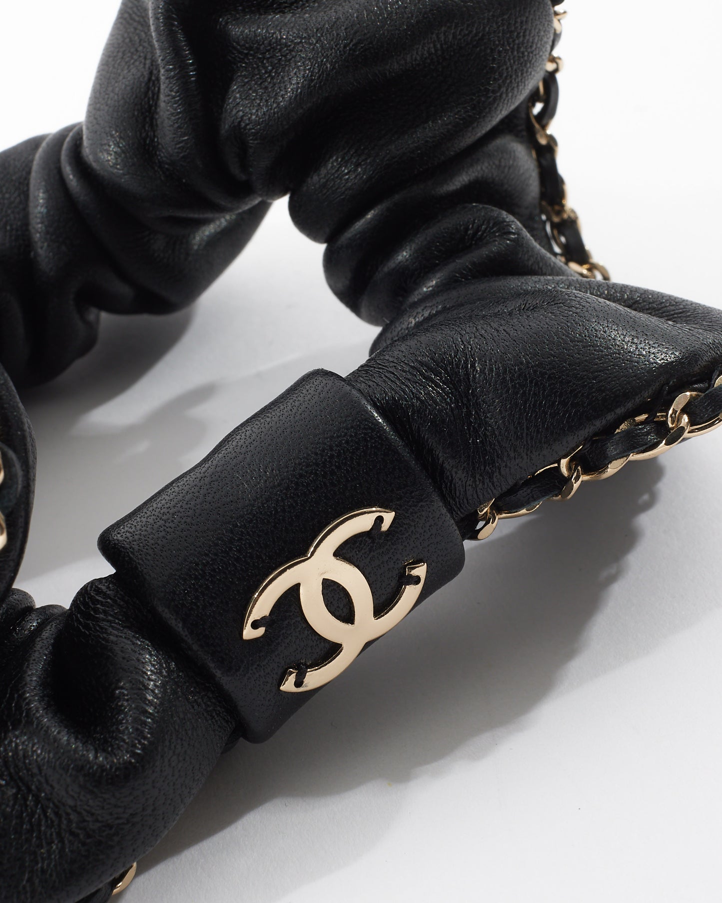Chanel Black Leather & Chain CC Scrunchie