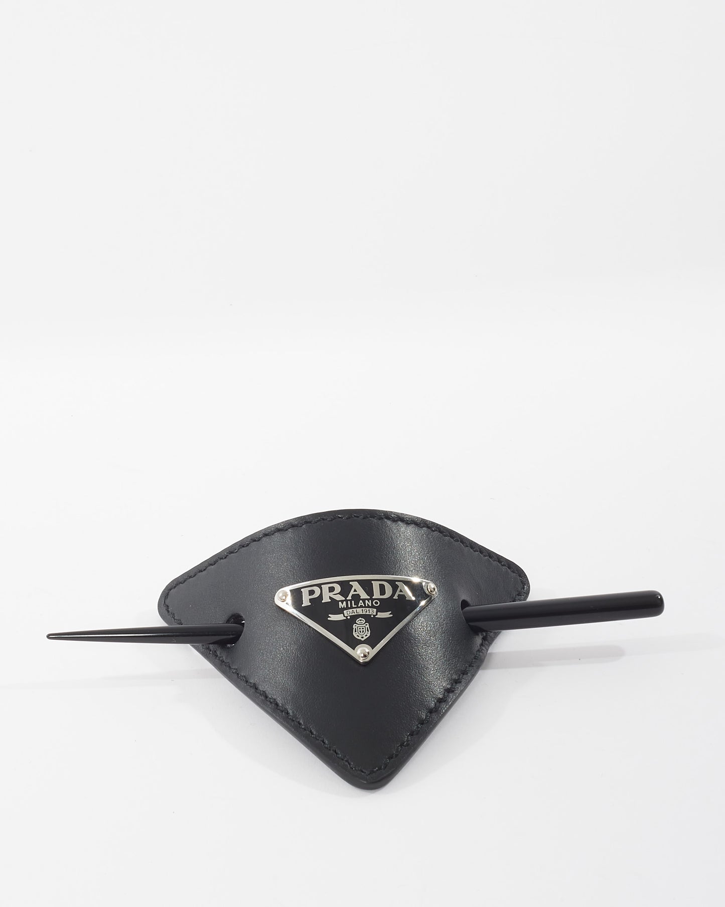 Prada Black Leather Logo Hair Stick Clip