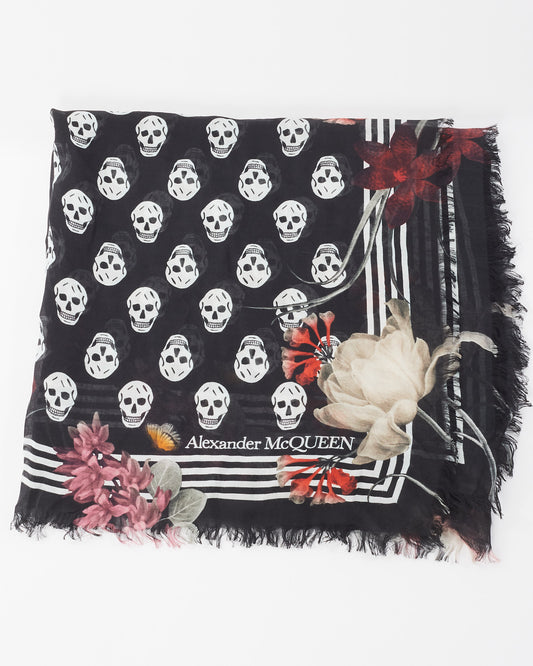 Alexander McQueen Black Skull & Pink Floral Print Scarf