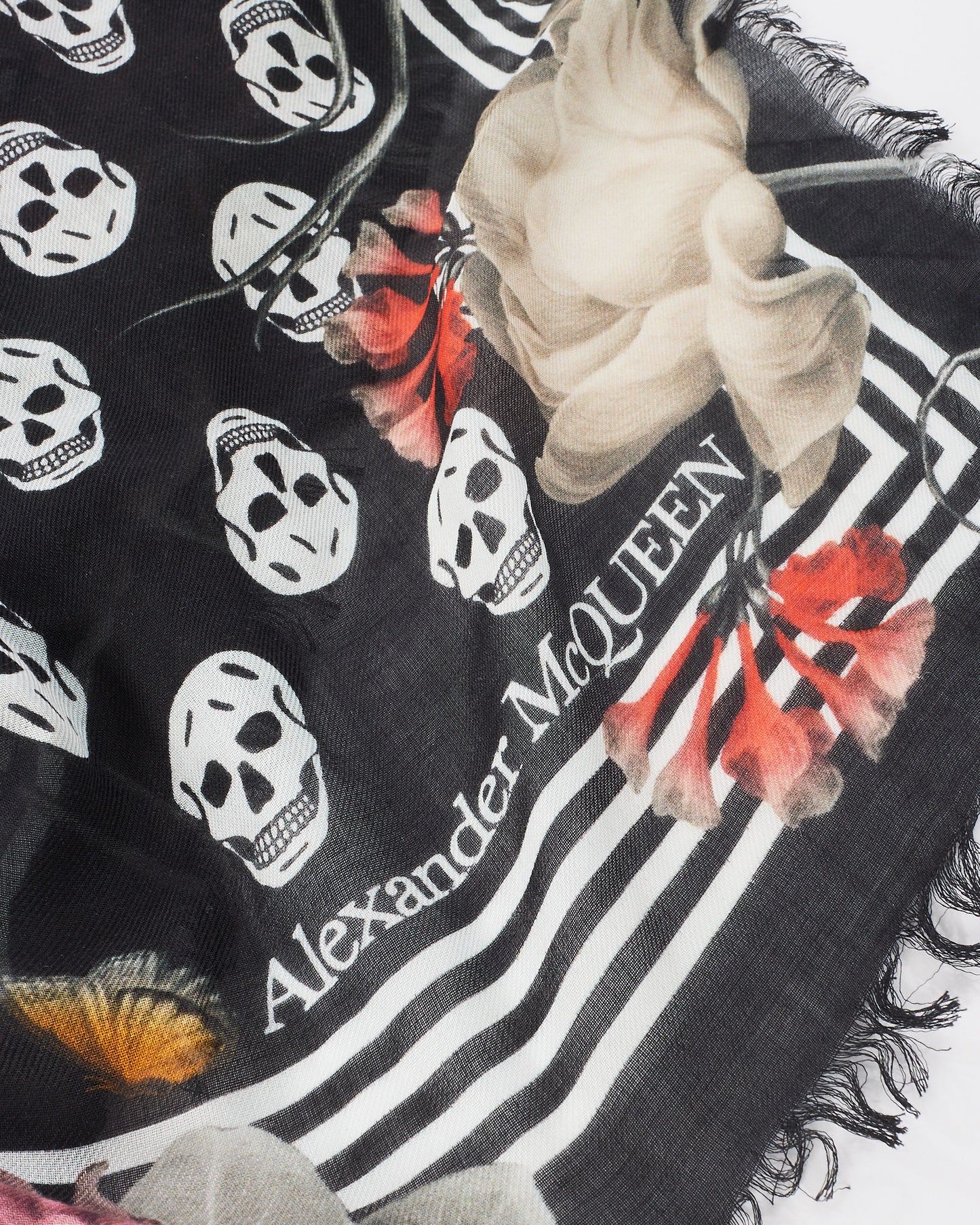 Alexander McQueen Black Skull & Pink Floral Print Scarf