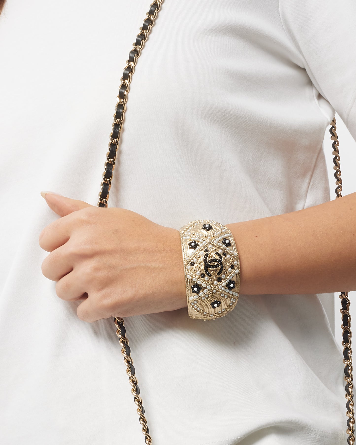 Chanel Gold Metal Jewelled and Beaded Cuff