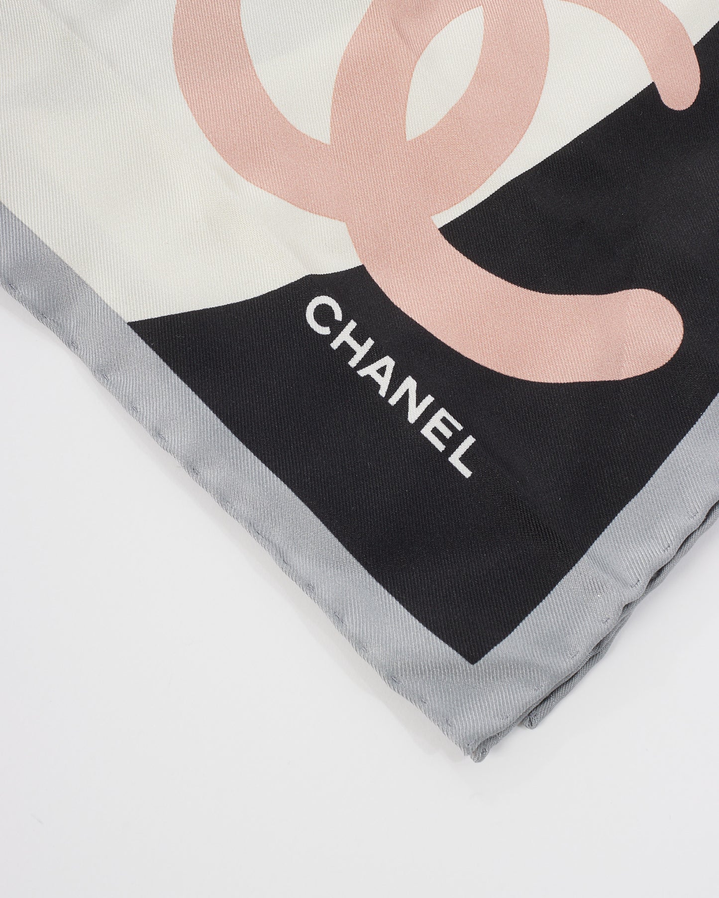 Chanel White Pink & Black Silk CC Logo Square Scarf