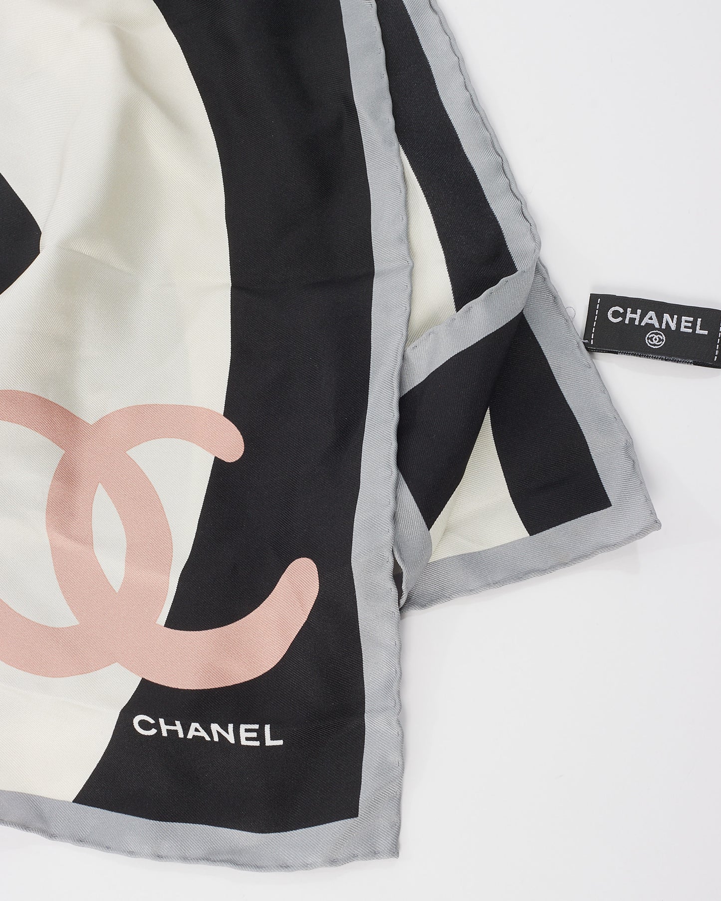 Chanel White Pink & Black Silk CC Logo Square Scarf