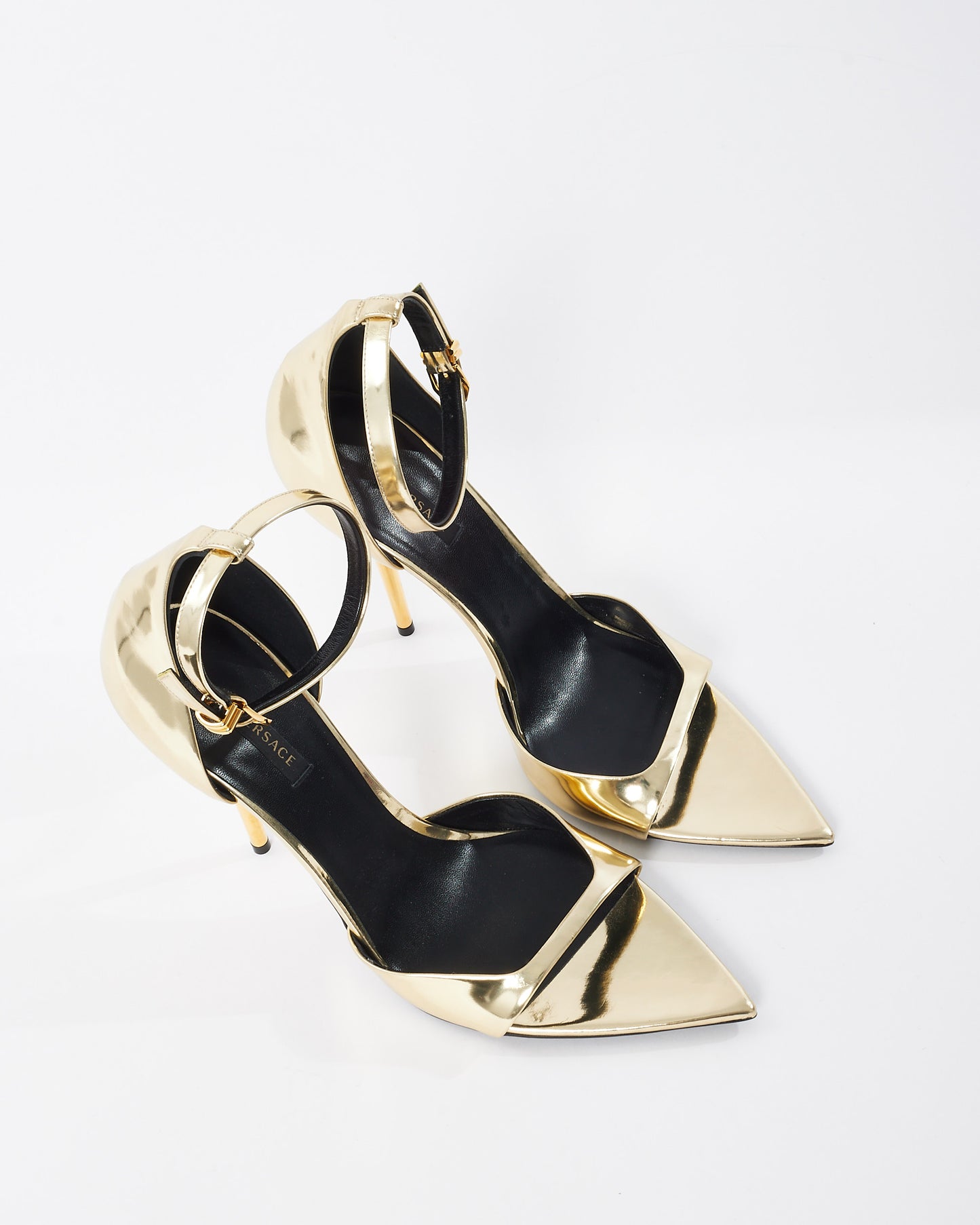 Versace Gold Patent Leather Ankle Strap Stiletto Sandals - 41