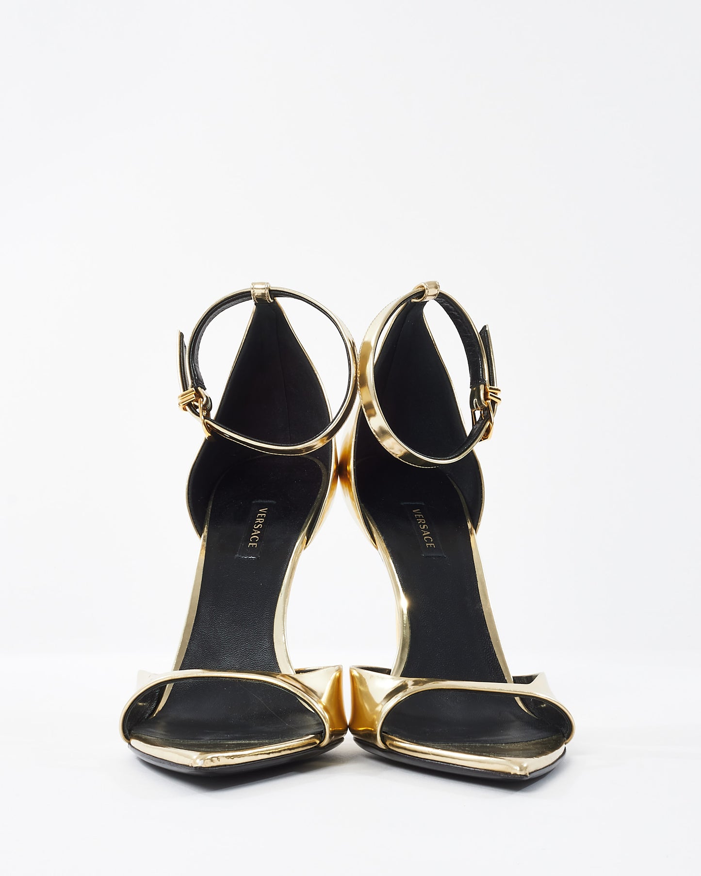 Versace Gold Patent Leather Ankle Strap Stiletto Sandals - 41